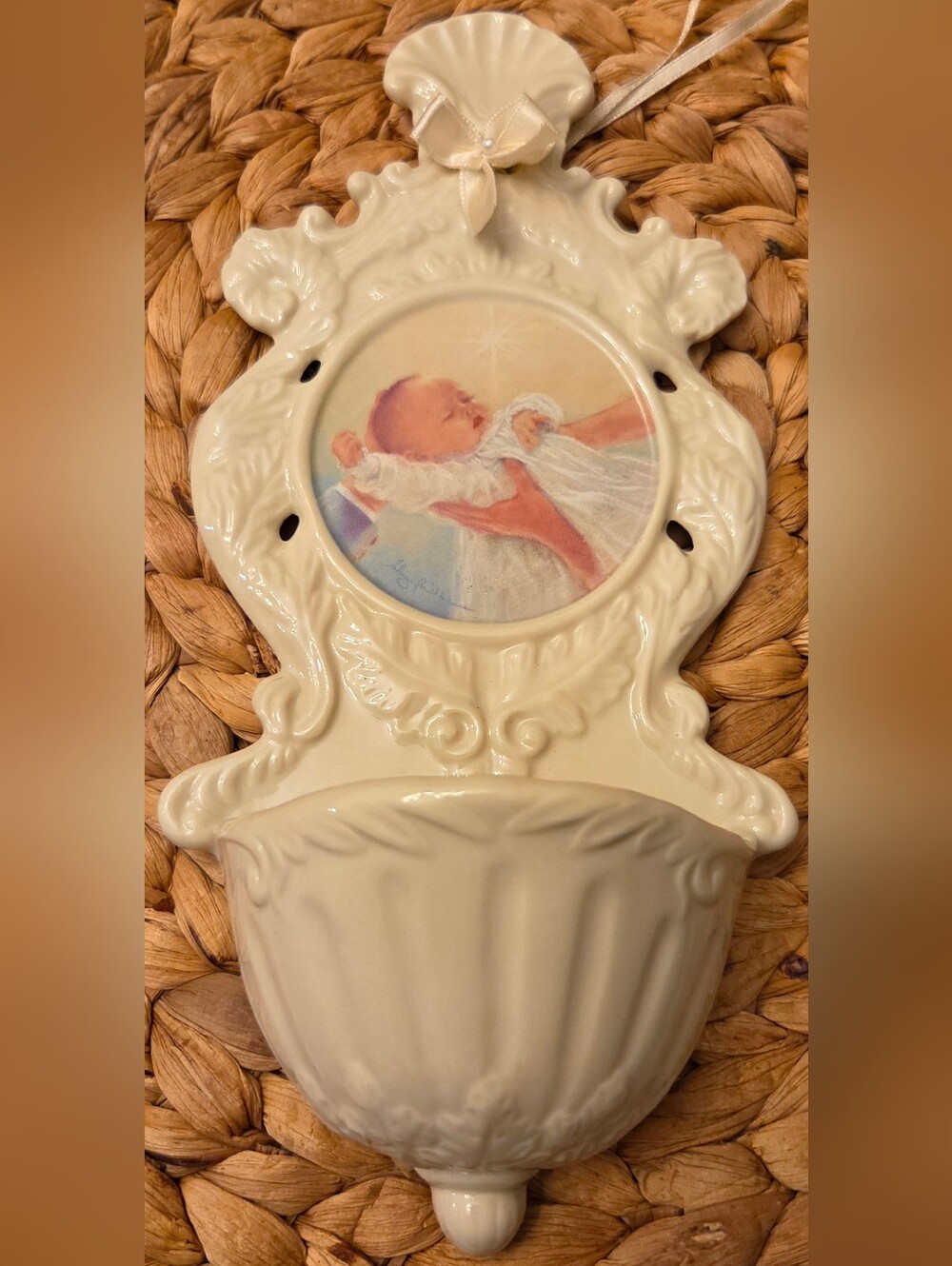 Vintage 1990 Roman Inc Holy Water Font Baptism Baby Religious Wall Decor